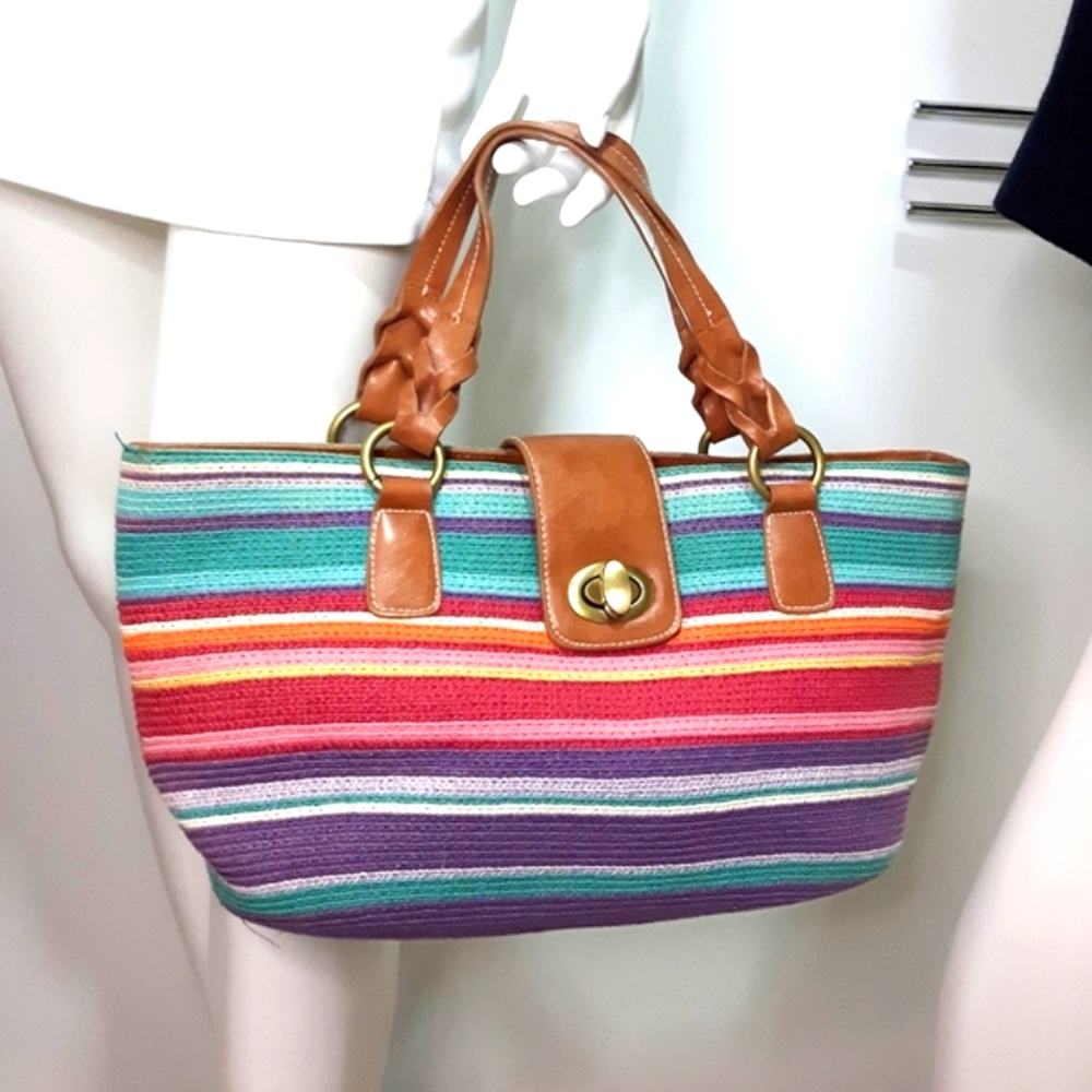 Beach Boho Woven Bag|Shoulder Tote Bag | Multicolor Stripped Cotton - Picture 1 of 12